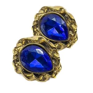 Faux Sapphire Stone and Gold Tone Clip Earrings - Costume Jewelry